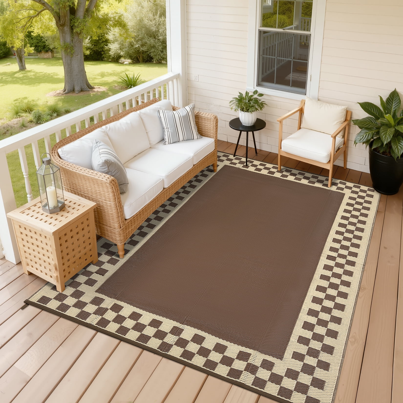 Hasoo 9' x 12' Brown Outdoor Rug for Patio Decor Waterproof Plastic Straw Modern Geometric Bordered Carpet PP Tube Woven Portable Camping Mat for Picnic Balcony