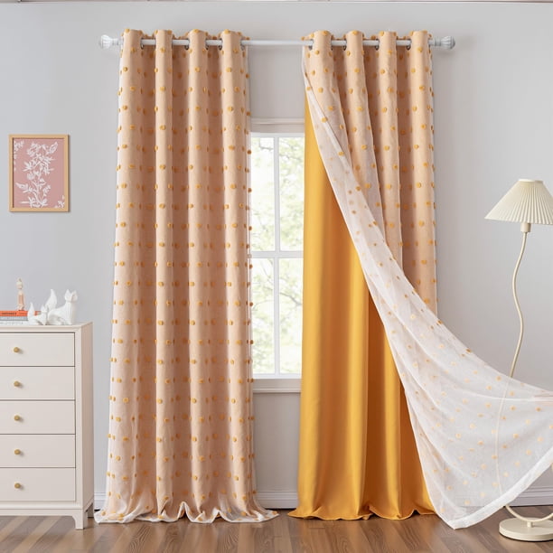 Cortinas opacas MYSKY HOME, color amarillo, 213 cm, con pompones, 2 paneles