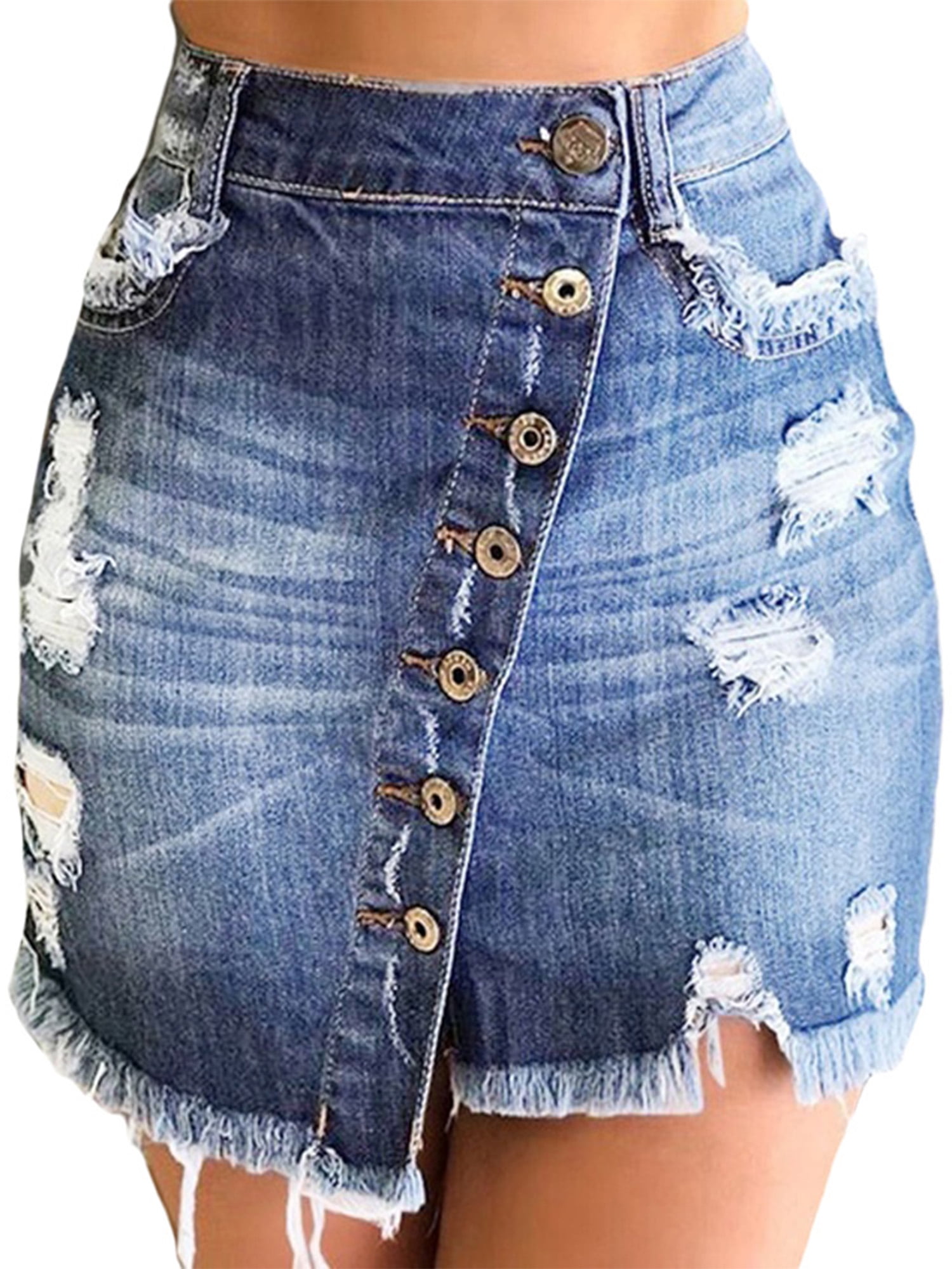 Women Washed Frayed Mid Waist Jean Denim Bodycon Summer Short Mini Skirt 