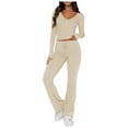 thumbnail image 1 of Conjunto de 2 piezas de manga larga para mujer: top con cuello en V y pantalones anchos, poliéster y spandex, tallas S-XL, 1 of 7