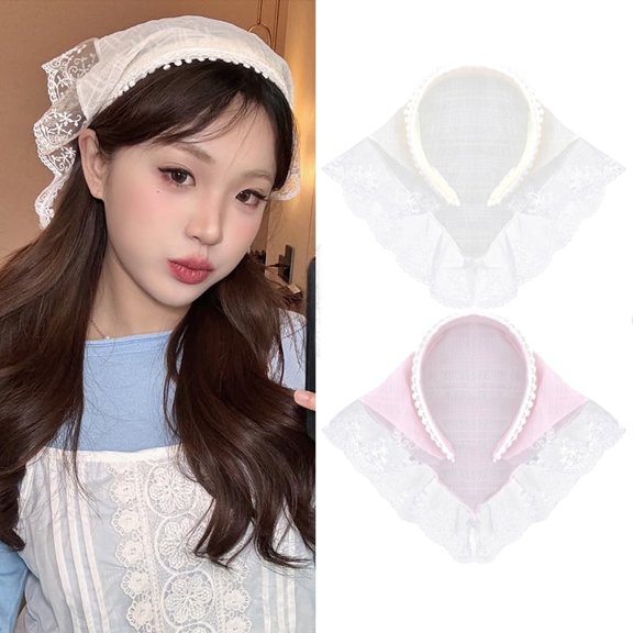 GIXUSIL 2Pcs Hair Scarf Headband for Women Girls White & Pink Lace Head Kerchief Headband Soft Head Coverings Boho Triangle Bandana Turban Non Slip Hair Scarves Fashion Hair Accessories Decor