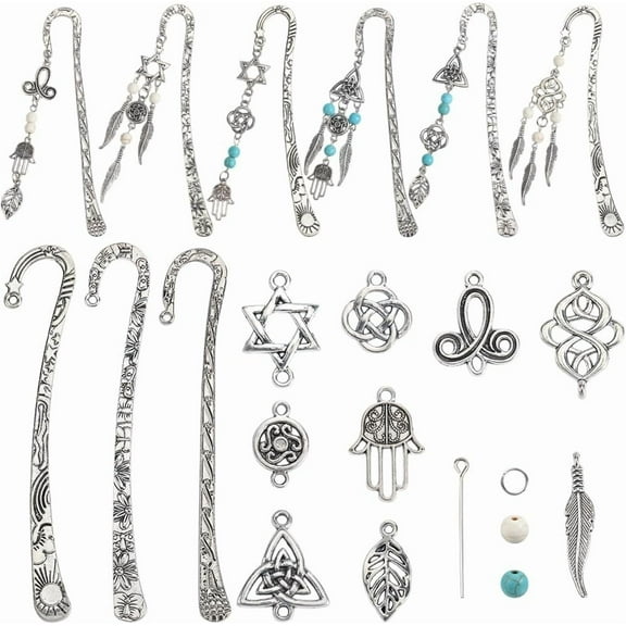 1 Box DIY 6 Sets Bookmark Kit Stone Bookmarks Hook Book Mark Turquoise Gemstone Beads Trinity Knot Feather Hamsa Hand Charms Vintage Metal Book Marks for Crafting Reading Gift Supplies diy