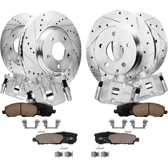 Detroit Axle - Front Rear Drilled & Slotted Rotors Ceramic Brake Pads   Brake Calipers w/Bracket Kit Replacement for Dodge Avenger Caliber