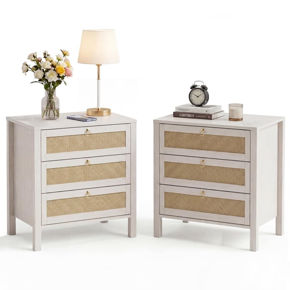 Garvee 2 Packs White Nightstand with 3 Drawers, Boho Rattan Bedside Table, 26.78 inch Wide Wooden End Table with Storage, Modern Farmhouse Accent Cabinet for Bedroom