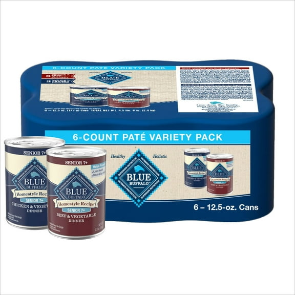 Blue Buffalo Homestyle Senior Beef and Chicken Wet Dog Food Variety 6 Pack, 12.5 oz Cans