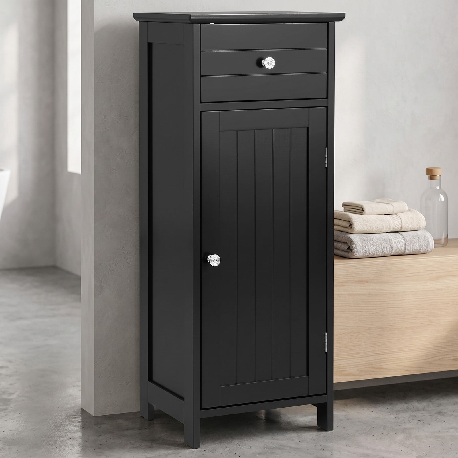 ALPULON Wooden Bathroom Floor Storage Cabinet with Drawer and Adjustable Shelf, Freestanding MDF Side Organizer for Bathroom Entryway Living Room, Black