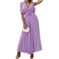 thumbnail image 2 of Qmyliery Women Fashion Temperament Long Dress Solid Color Ruffle Sleeve Chiffon Dresses, 2 of 7