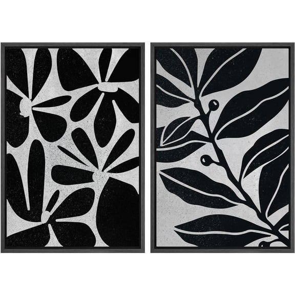 IDEA4WALL Framed Canvas Print Wall Art Set Black Wildflowers Illustration Fine Art Decorative Bohemian Minimalist Floral Botanical Artwork for Living Room, Bedroom, Office - Black 24"x36"x2