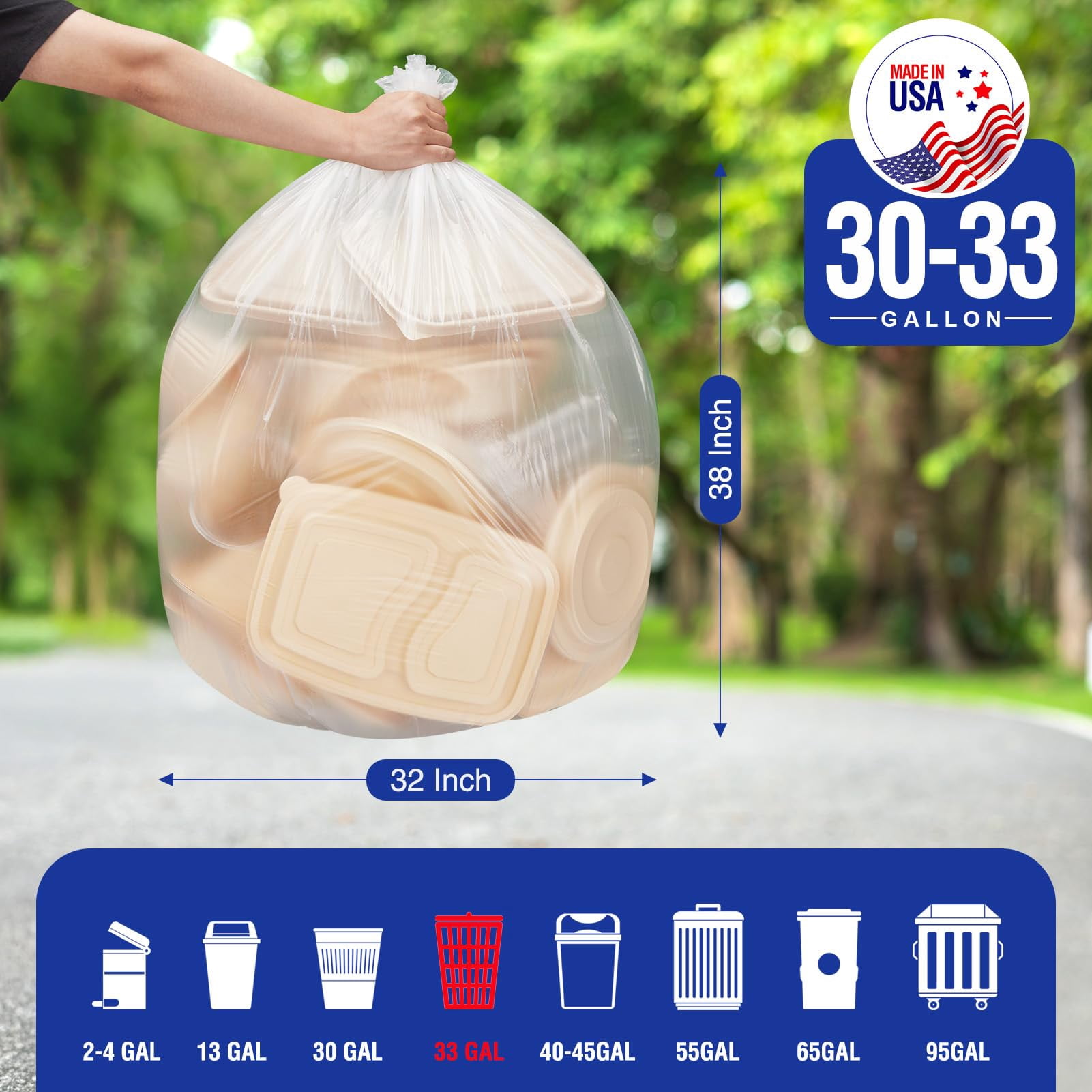 Cozymood 33 Gallon Trash Bags, 100 Count Heavy Duty Garbage Bags, Garbage Can Liners Outdoor Indoor, 0.9 Mil, Clear