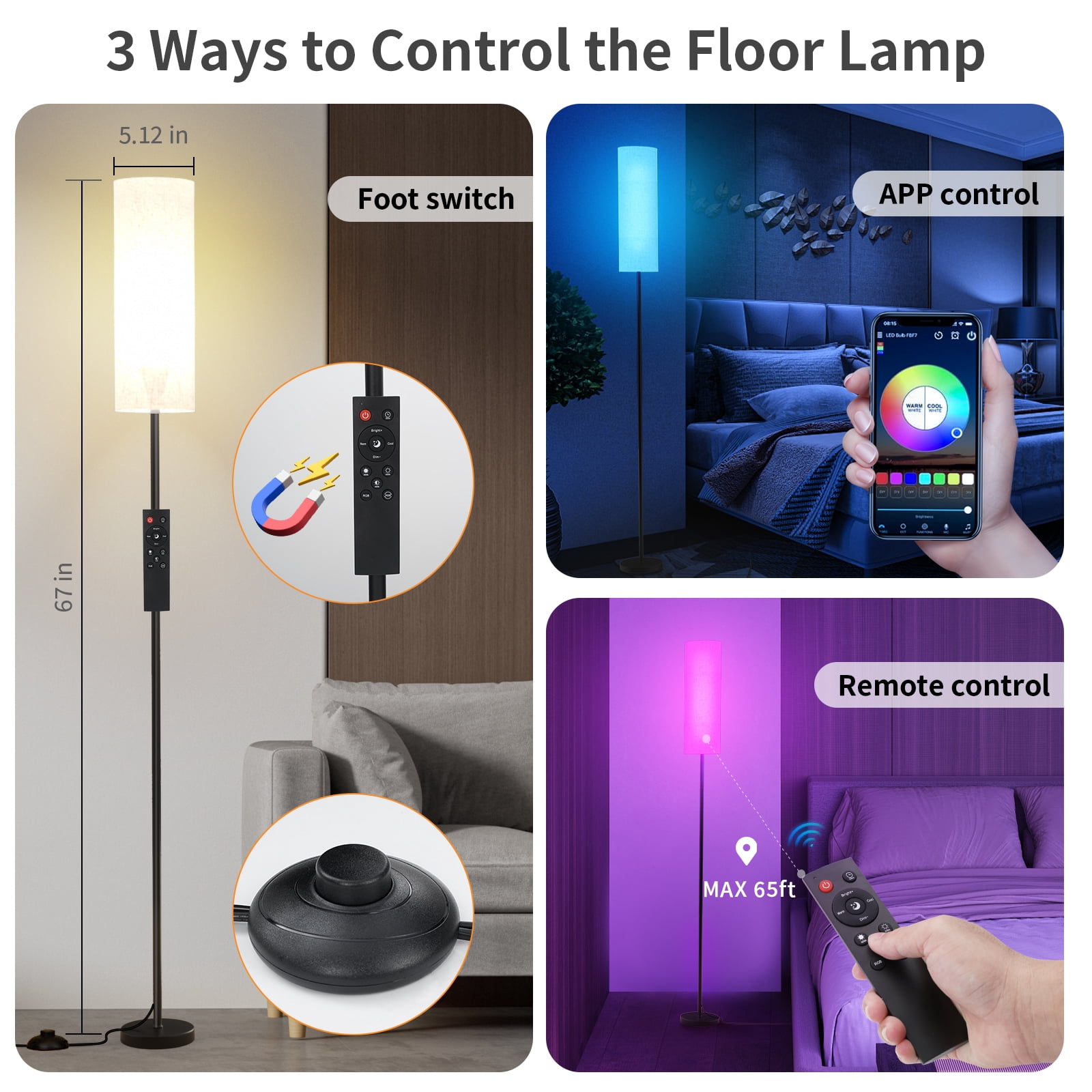 67" Floor Lamp with Smart RGB Bulb, with 16 Million DIY Colors & 20 Mode Music Sync, Timer Setting APP or Remote Control, 9W 800 Lumen Standing Lamp for Living Room Bedroom, Beige