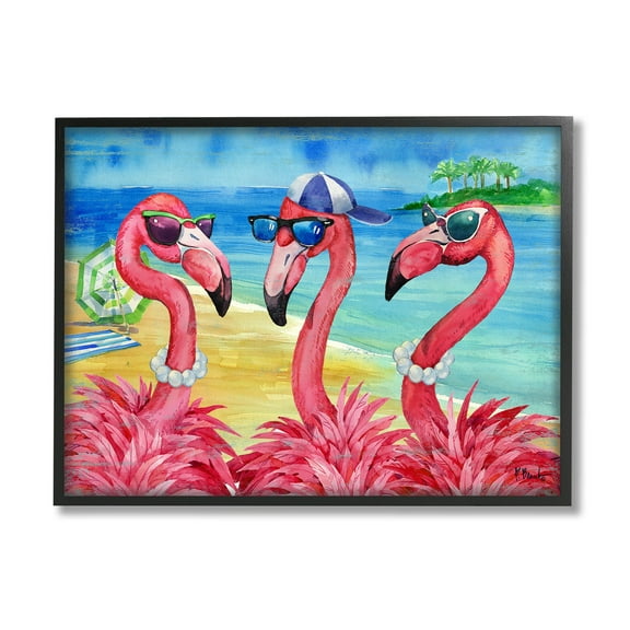 Stupell Industries Flamingo Friends Tropical Island Coast Graphic Art Black Framed Art Print Wall Art, Design by Paul Brent