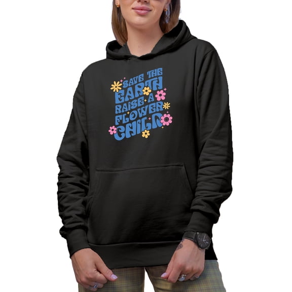 Save the Earth Raise a Flower Child, Retro Wavy Text Art, Earth Day Gift, Black Hooded Sweatshirt or Hoodie, XL