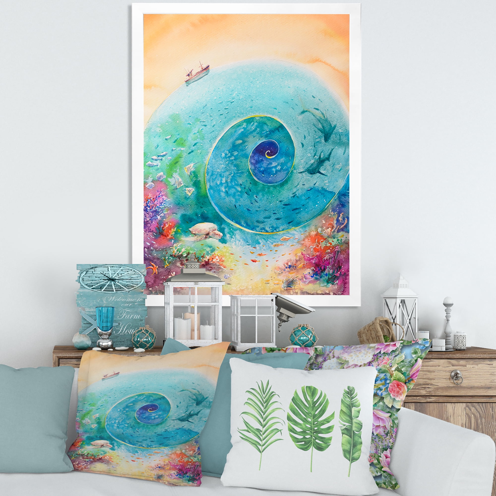 Designart 'Coral Reef Fishes With Turquoise Ocean Spiral' Nautical & Coastal Framed Art Print