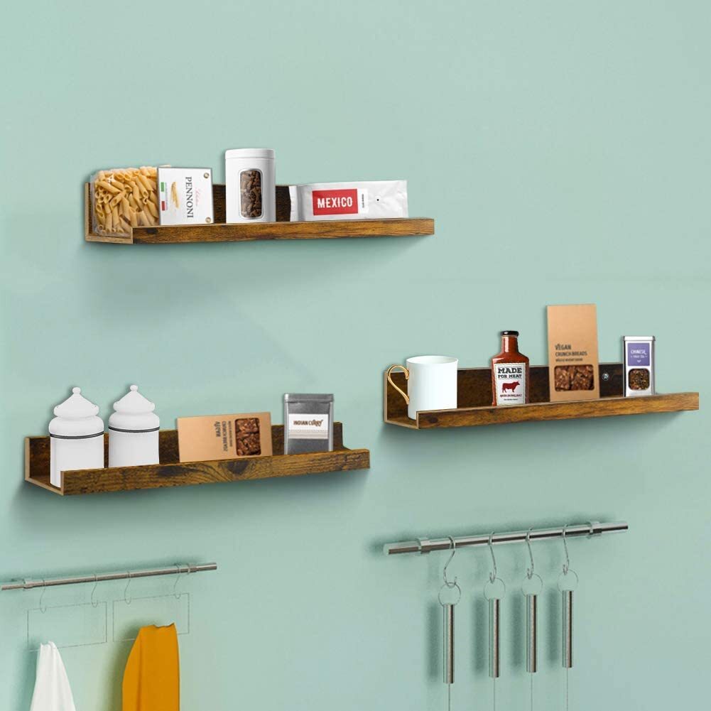 16 Inch Floating Wall Shelf Set of 3, Rustic Wall Mount Shelves for Bedroom Living Room Bathroom Kitchen, Brown