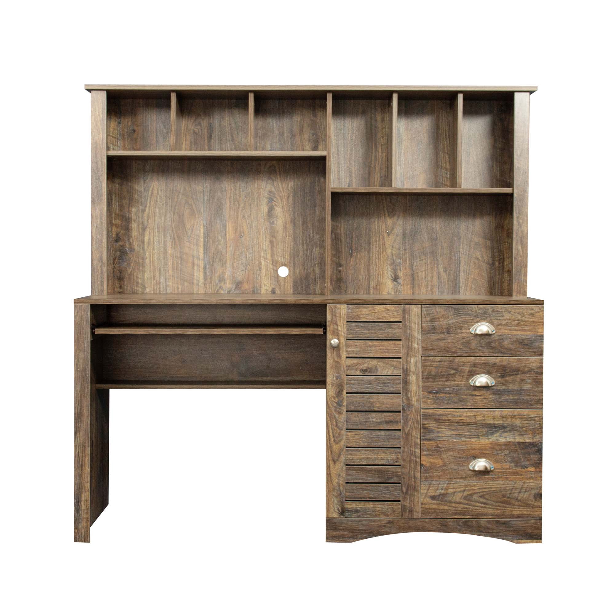 DEALTOPS Home Office Computer Desk with Hutch, 3 Drawers, Study Table, Keyboard Tray, Dark Brown