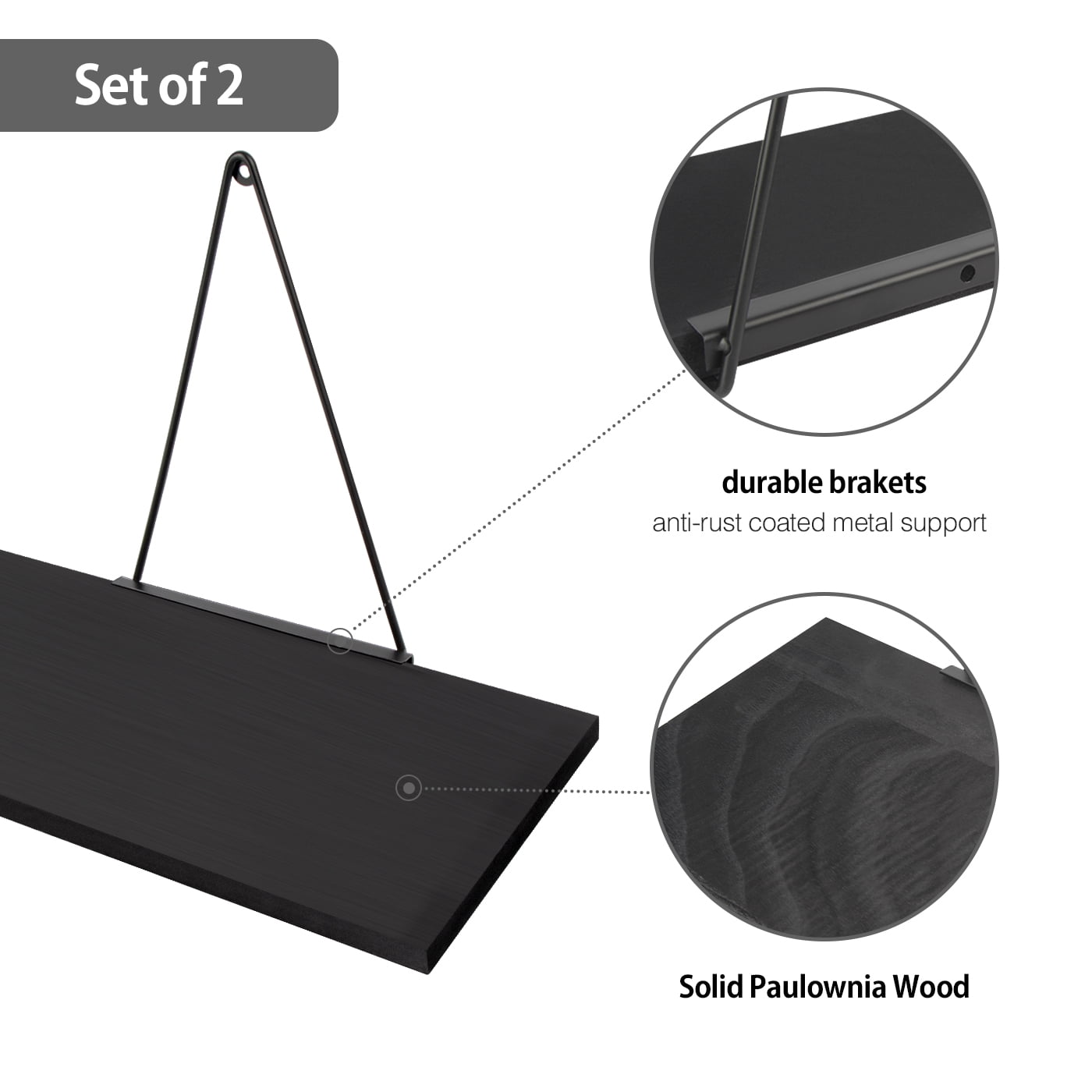 J JACKCUBE DESIGN - Black Floating Shelf, Wall Shelves with Triangle Bracket, Corner Shelf Wall Mount, Mordern Home Décor for Living Room, Bedroom, Kitchen and More, Set of 2 - MK602A