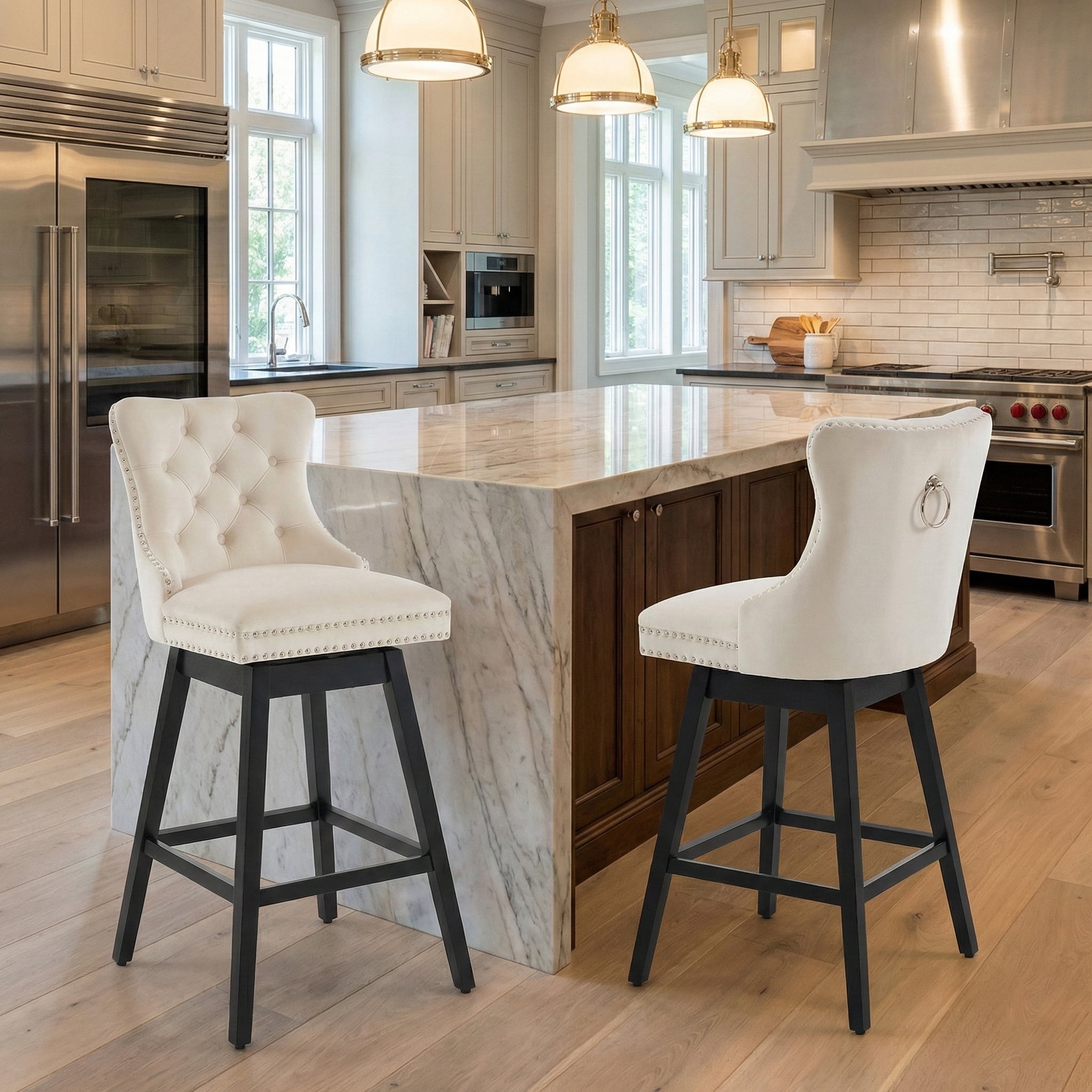 TEWLOSS 30" Swivel Bar Stools Set of 2, Beige Velvet Bar Height Chairs with Back for Home Pub