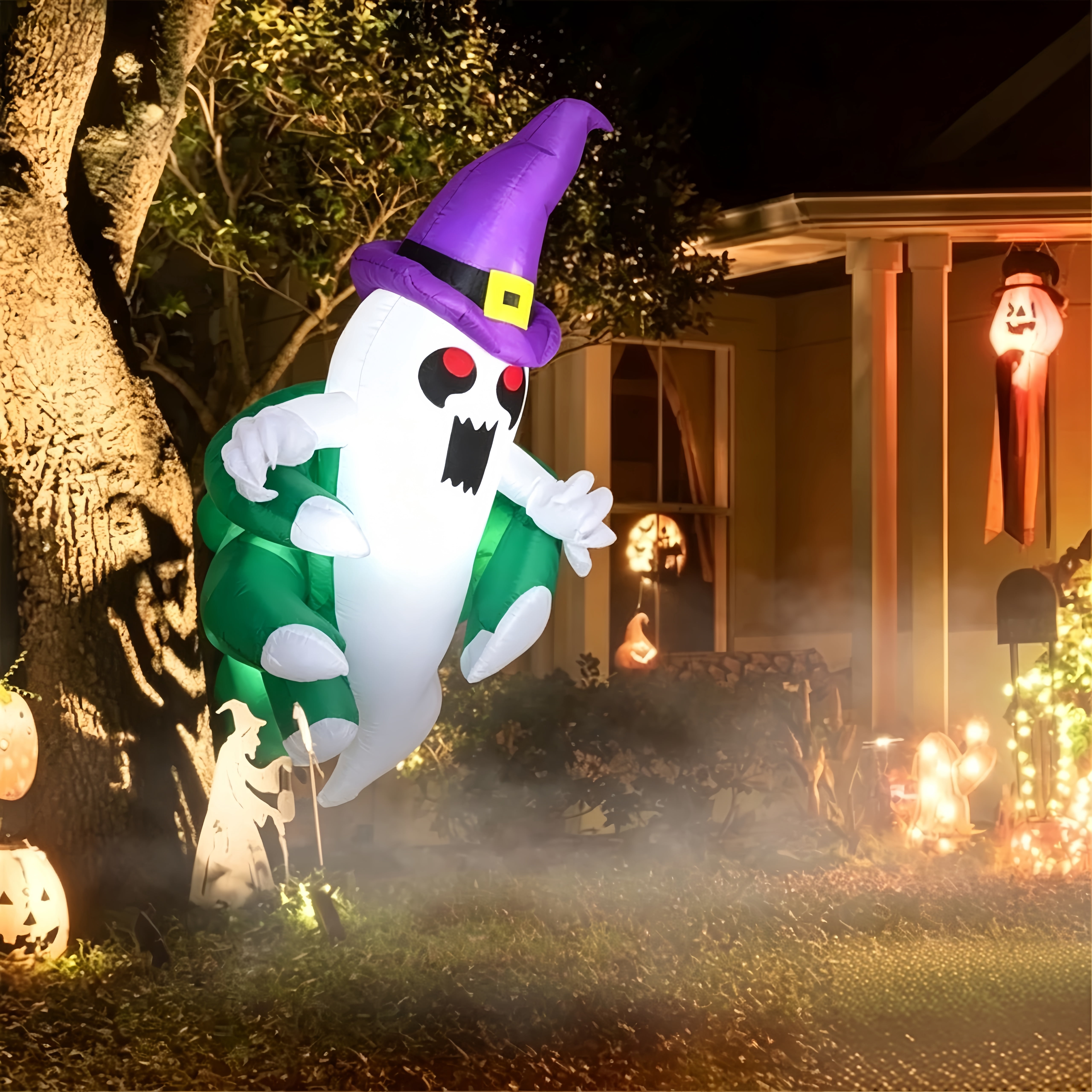 47.2IN Inflatable Halloween Window Sticker Ghost with LED Lights Suction Cups for Window Decor