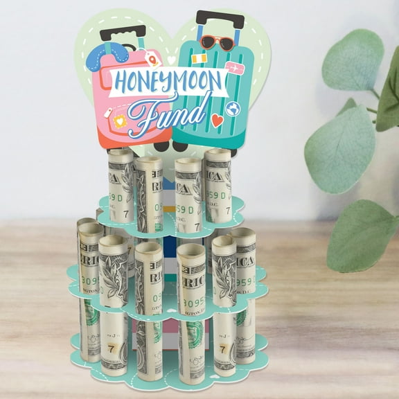 Big Dot of Happiness Honeymoon Fund - DIY Wedding or Engagement Party Money Holder Gift - Cash Cake