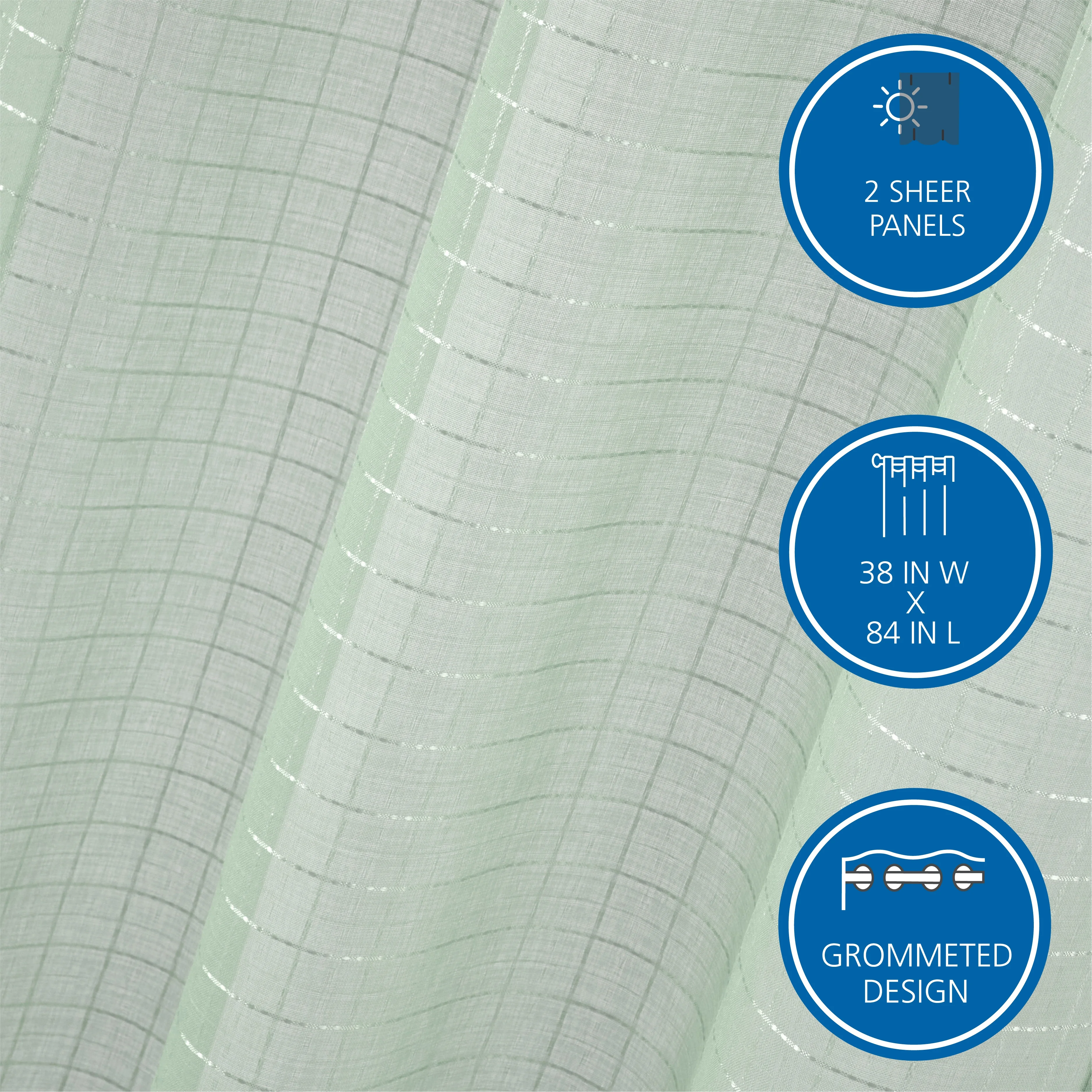 Mainstays Windowpane Sheer Curtain Panel Pair, Set of 2, Soft Sea, 38" W x 84" L