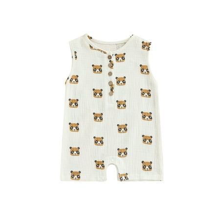 

Peyakidsaa Animal Pattern Printed Round Neck Button Chest Sleeveless Playsuit for Newborn Baby Romper
