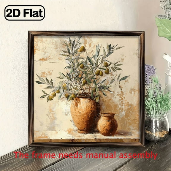 2D Flat, 1pc Room Decor 1pc Olive Branch Vase Art Print, Wooden Framed Wall Decor, Ready to Hang for Room, Bathroom, Kitchen - Ideal for Birthday, Graduation,Back to School, Bachelor Party ,8*8in