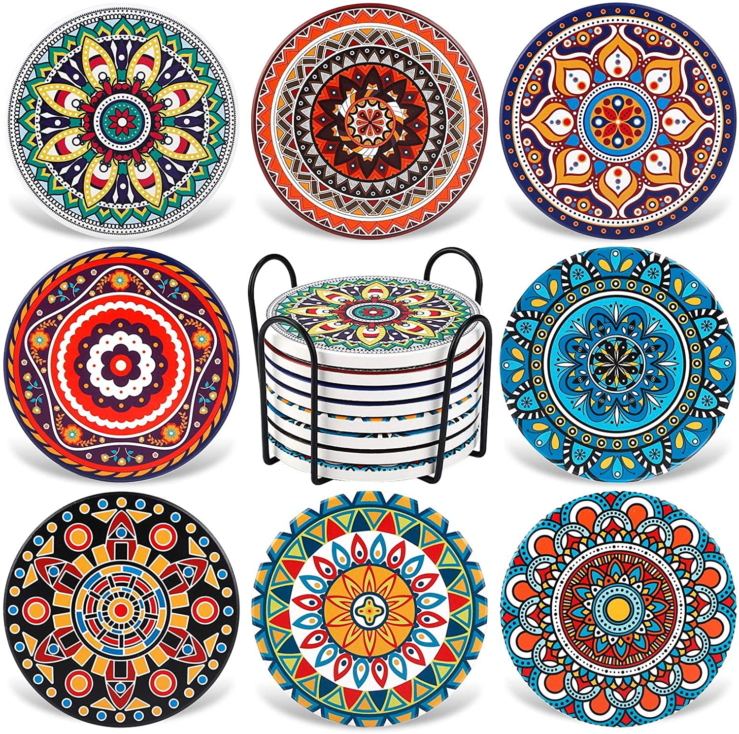 Coasters for Drinks Absorbent Ceramic Stone with Holder Mandala Pattern Cork Base 4 Inches Set of 6 for Wooden Table Home Decor Coasters for Drinks Absorbent Ceramic Stone with Holder Mandala Pattern Cork Base 4 Inches Set of 6 for Wooden Table Home Decor