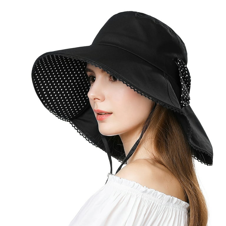 Comhats Sun Hat Women Packable UPF 50 Wide Brim with Neck Flap UV Cotton Safari Gardening with String Black Large 59-61cm, Women's, Size: One Size
