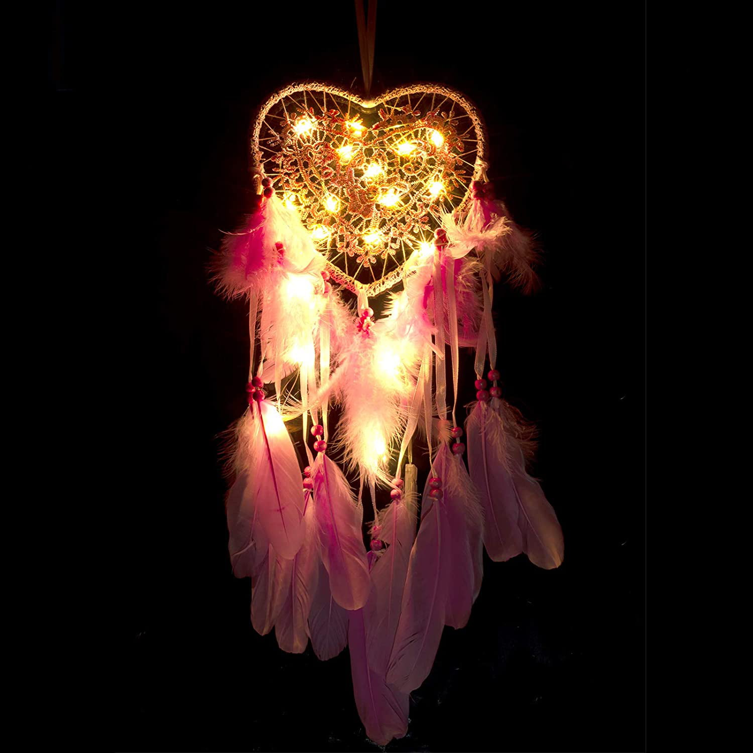 Heart Shape Feather Pendant LED String Light Dream Catcher Home Hanging Decor 