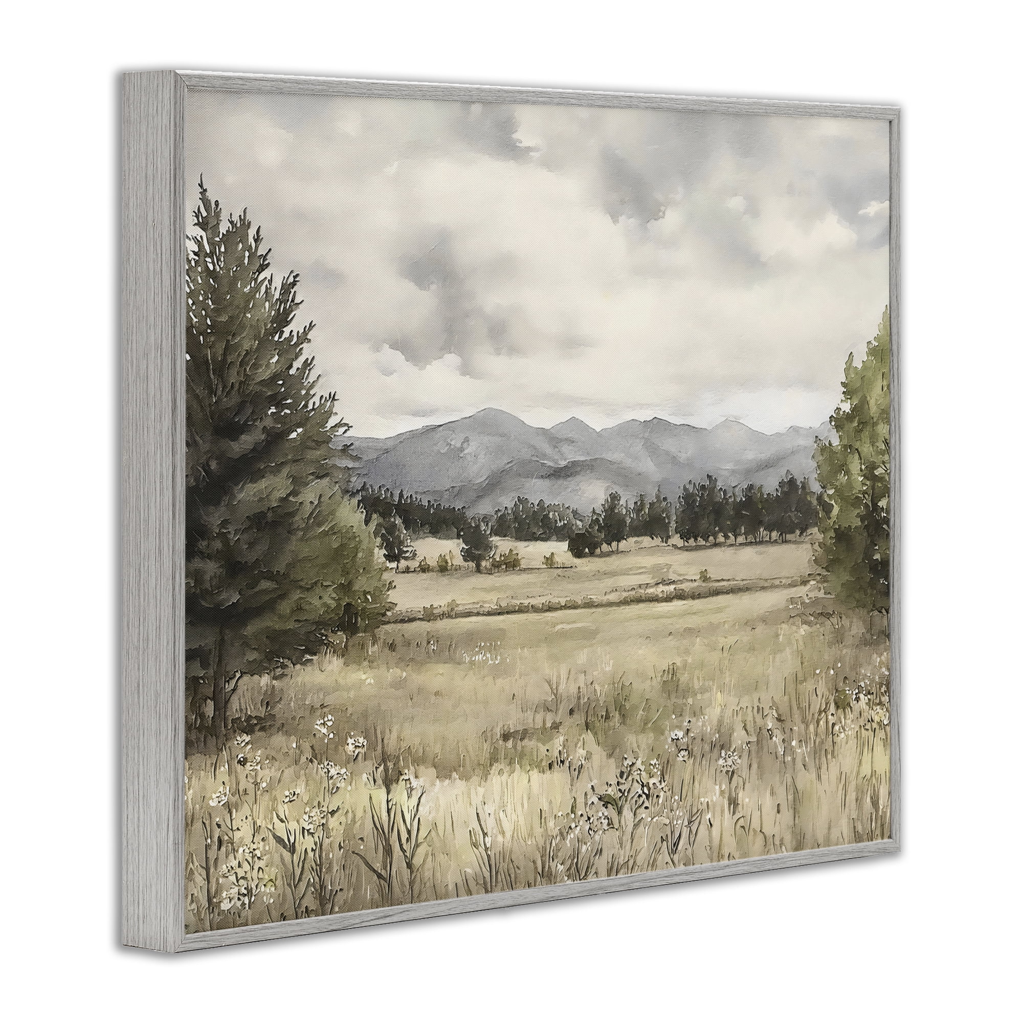Stupell Industries Muted Mountain Meadow Gray Framed Giclee Art, design by Riley B