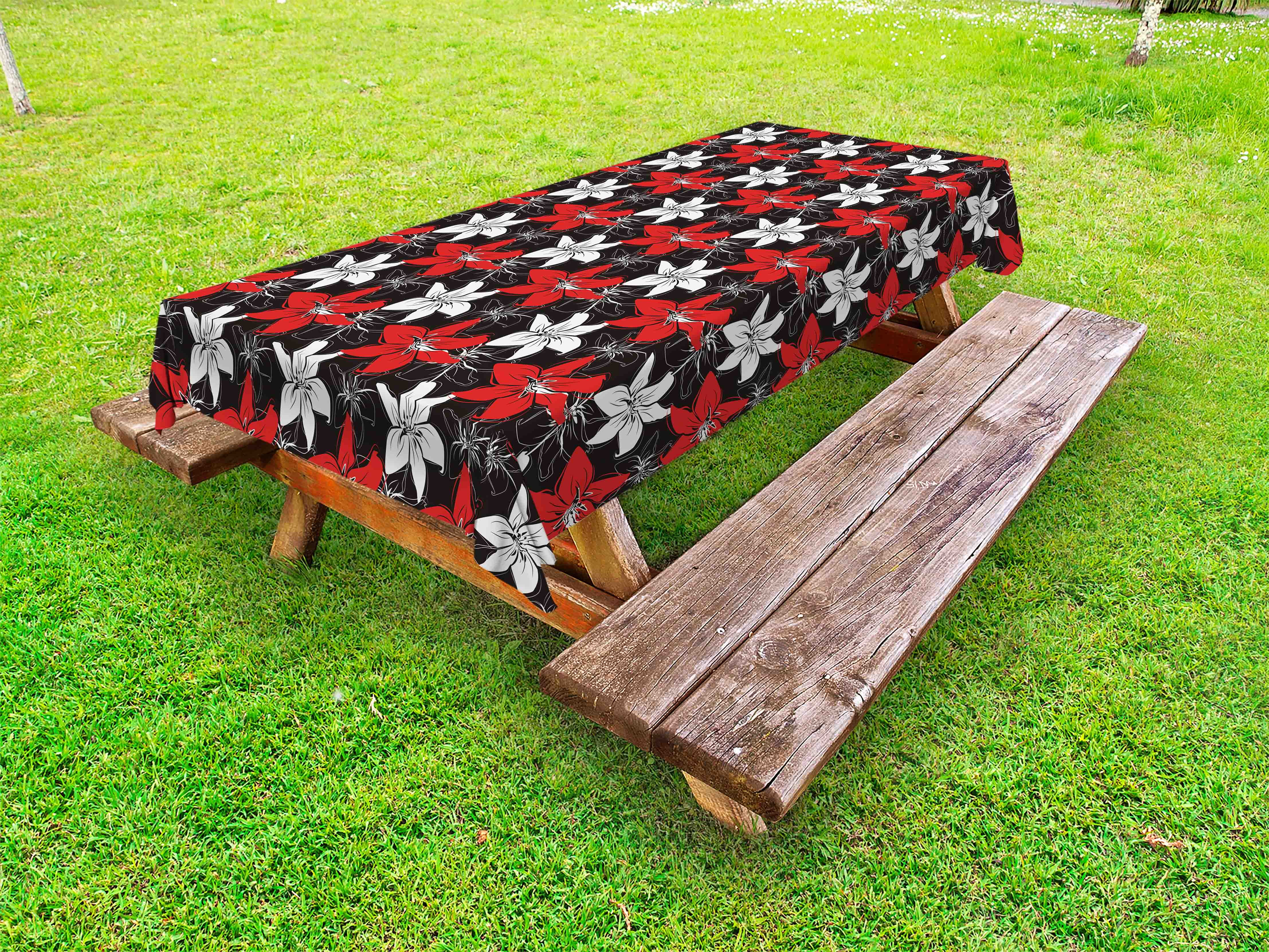 Red and Black Outdoor Tablecloth, Artistic Bedding Plants Flourishing Garden Pattern Retro
