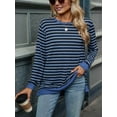 thumbnail image 3 of Womens Casual Striped Long Sleeve Shirt Trendy Crew Neck Slim Loose Fit Basic Blouses Tops Blue Black XL, 3 of 8