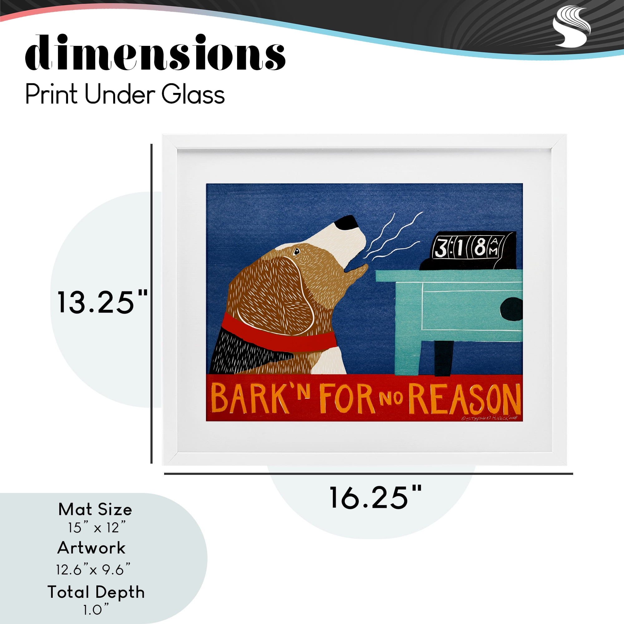 Bark'n For No Reason White Framed Print Under Glass, design by Stephen Huneck