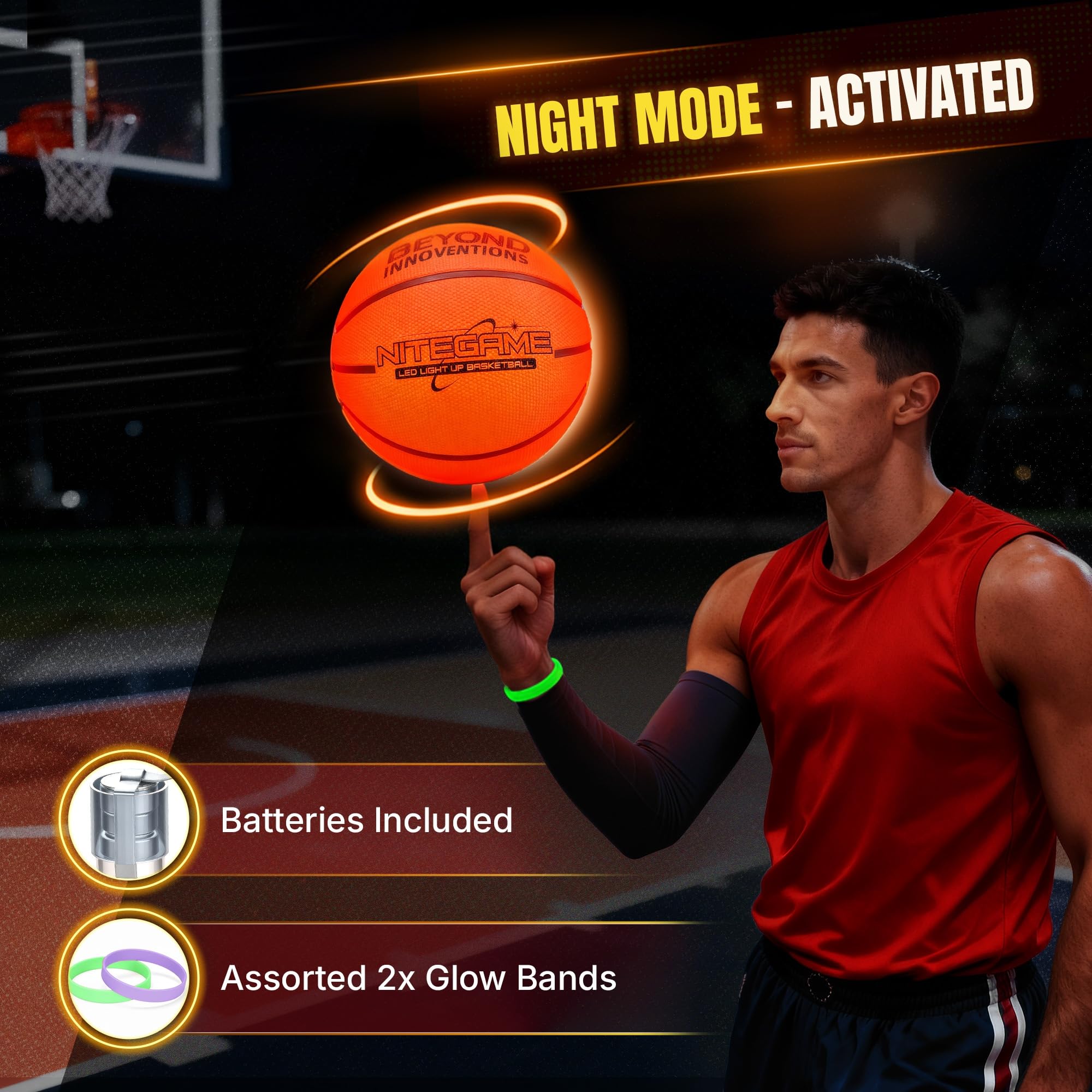 BEYOND INNOVENTIONS Glow in the Dark Basketball with 2x Light Up Bands, Official Size 7