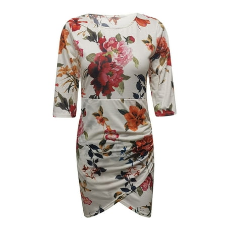 

MIARHB V-Neck Women s Floral Pattern Pullover Waist Slit Mid-Length Seven Point Dress Orange XXL 95% Polyester 5% Spandex