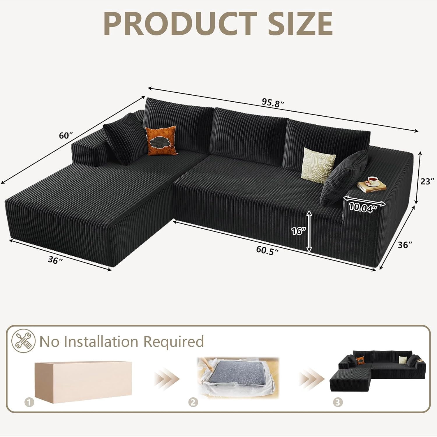 LUCKHAO Left-Facing Chaise Corduroy Tufted Sectional Sofas with 3 Large Cushions, Black
