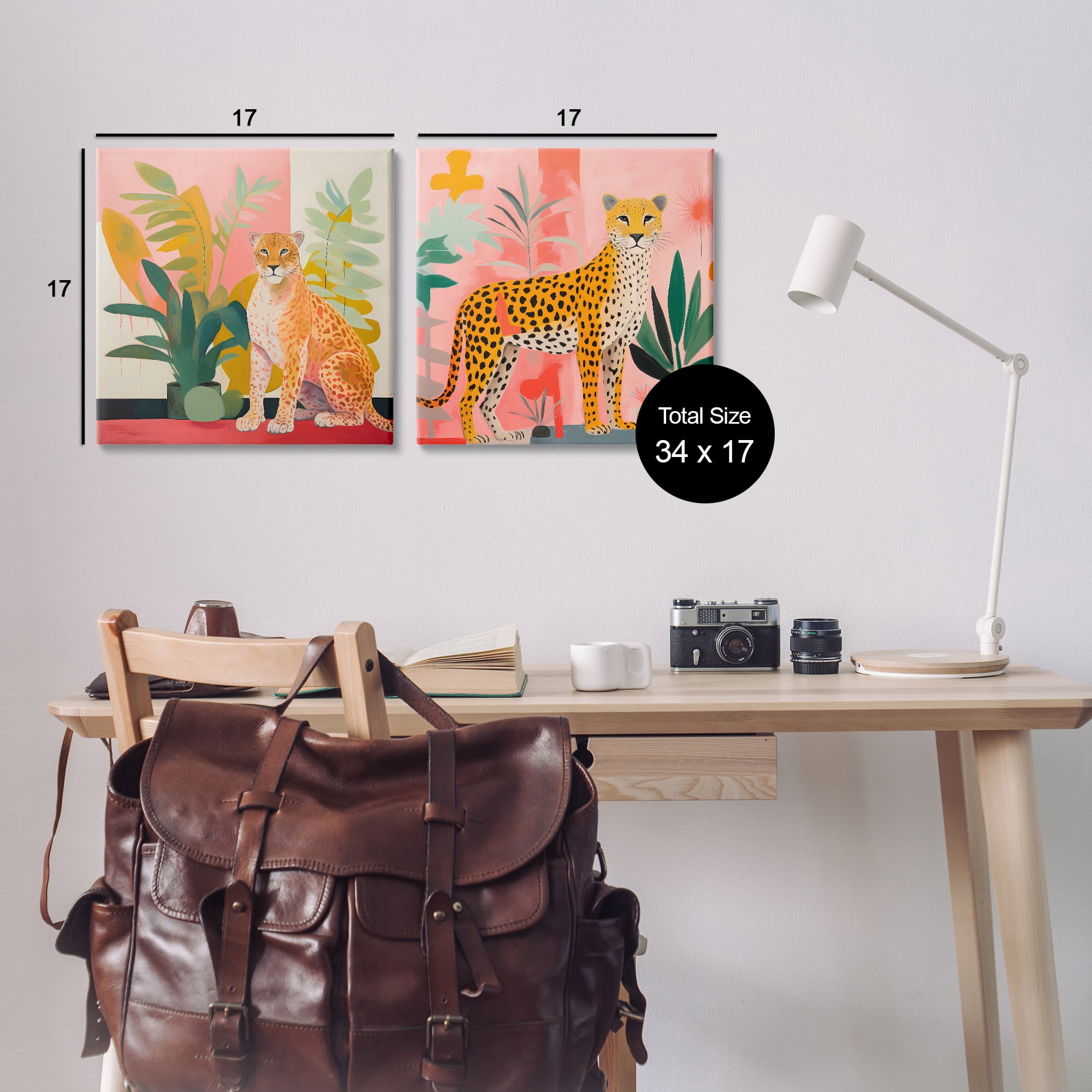 Stupell Industries Jaguar Leopard Potted Palms Animals Painting Wrapped Canvas Art Print Wall Art, 17 x 17, Set of 2
