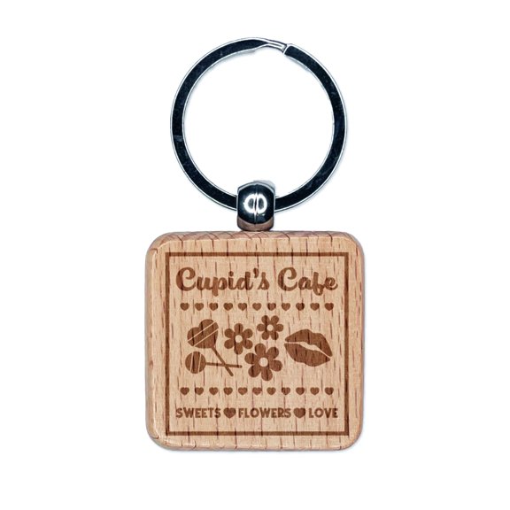 Cupid's Cafe Sweets Flowers Love Valentine's Day Square Keychain Charm Tag - Engraved Wood