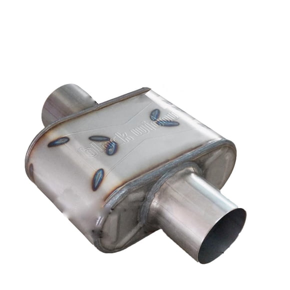 Black Widow Exhaust Exhaust Muffler BWAHW35-C Angry Housewife; Oval; 409 Stainless Steel Case; Single 3-1/2 Inch Center Inlet; Single 3-1/2 Inch Center Outlet
