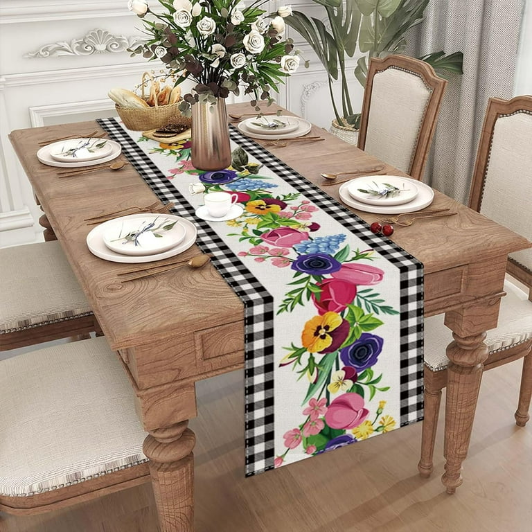He Is Risen Easter Table Runner - 72 Inch Linen Buffalo Check Plaid Farmhouse Decor
