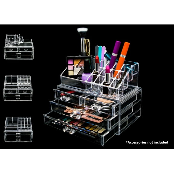 Acrylic Makeup Cosmetic Clear Case, Jewelry 2-Piece Storage Drawer Organizer