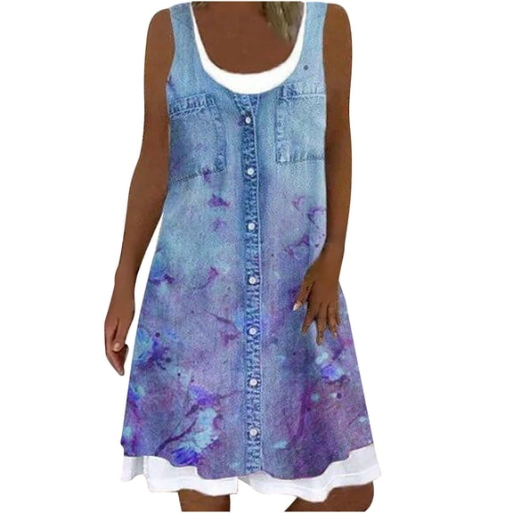 Summer Savings Clearance 2024! yoeyez Jean Dresses for Women 2024 Casual Splicing Flower Print Pocket Sleeveless Round Neck Cute Summer Denim Mini Dress