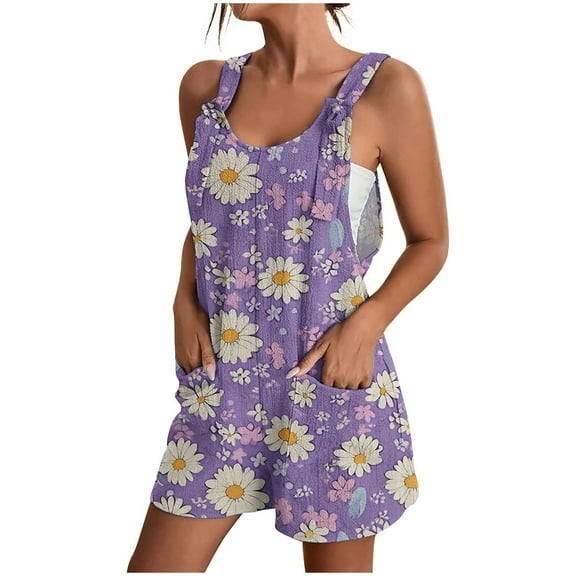 Kmdttou 2025 New Fashion Women's Summer Comfortable Casual Suspender Printing Shorts Pocket Jumpsuit Shorts with Pockets Clothes on Clearance!