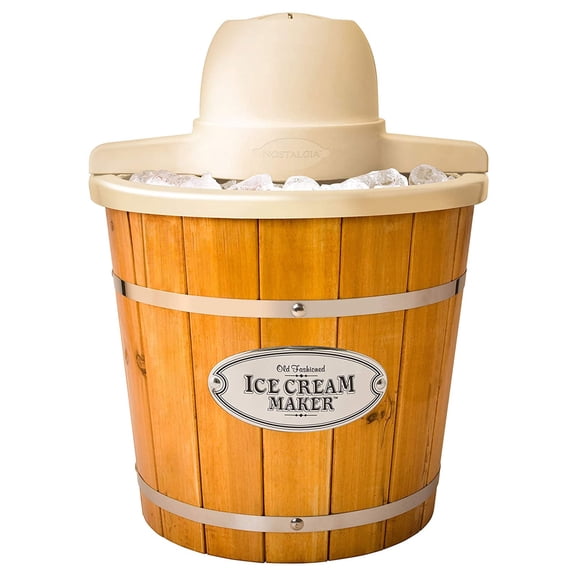 Nostalgia 4-Quart Ice Cream Machine, Vintage Electric Ice Cream Maker with Clear Lid, Light Wood
