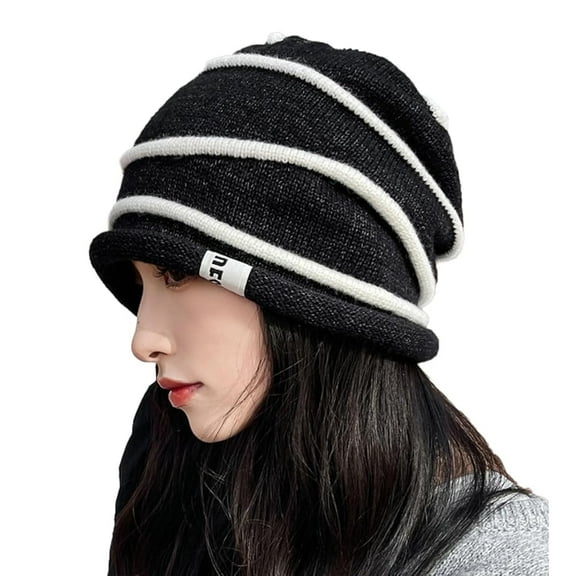Crochet Beanies for Women Baggy Beanie Womens Berets Striped Bonnet Hat Roll up Edge Fall Winter Hat Ski Cap Travel