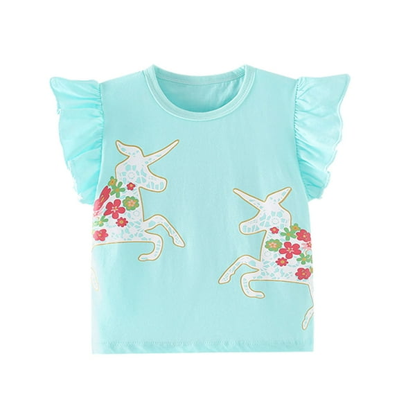 WIBACKER Girl's T Shirts Flying Sleeve Cute Graphic Tees Crewneck Cartoon Unicorn Print Summer Tops