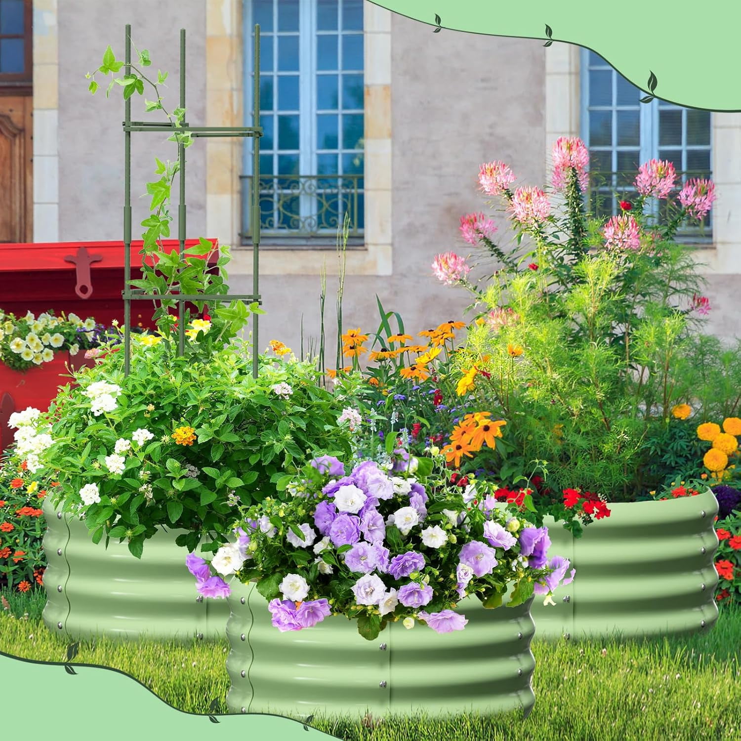 3 Pcs 24x24x12in Round Galvanized Raised Garden Bed Kit with 47"H Tomato Cages, Outdoor Metal Planter Box Raised Garden Beds for Gardening Vegetables Flowers, Green