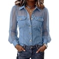 thumbnail image 3 of KLHDSF Denim Shirt Women Button Down Mesh Long Sleeve Jean Shirts Chambray Pearl Snap Shirt, Trendy Spliced Jean Tops, Chest Pockets, Daily Wear Light Blue L, 3 of 7