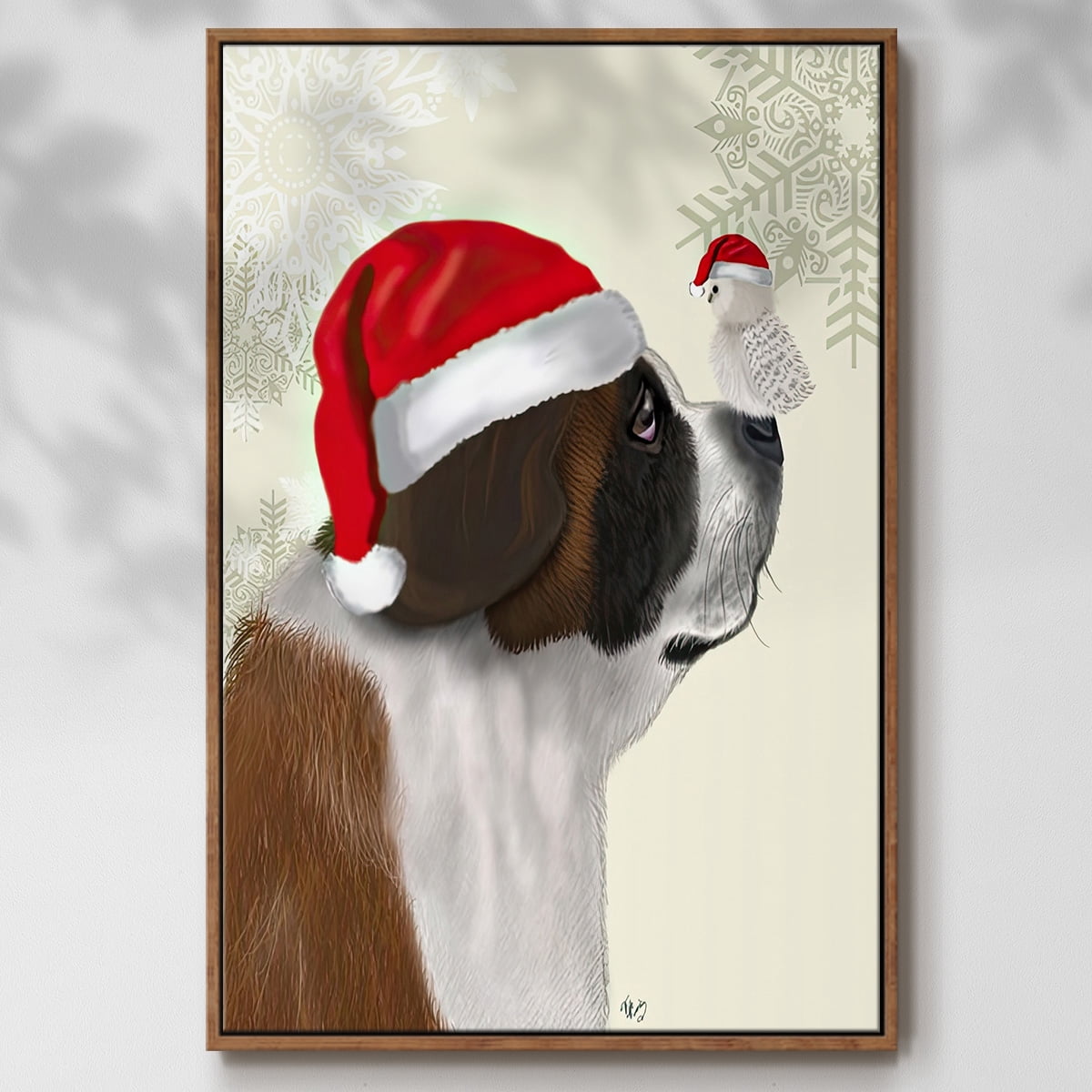 Christmas St Bernard and Fluffy Owl - Framed Gallery Wrapped Holiday Canvas - 25 x 37 - Rosewood Frame