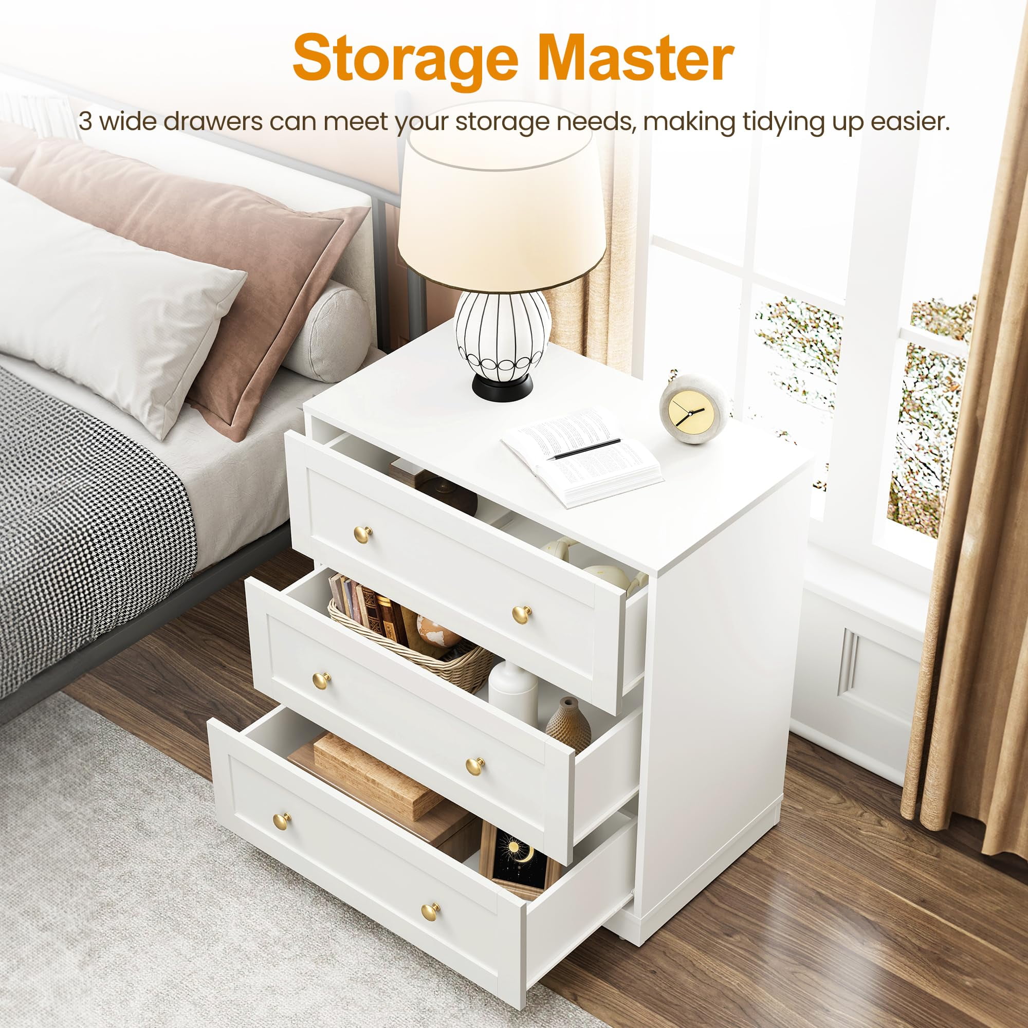 Heynemo Wood 3 Drawer Dresser, White Chest of Drawers with Gold Dresser Knobs, Modern Wide Dresser for Bedroom, Hallway, Entryway, Closets, Living Room